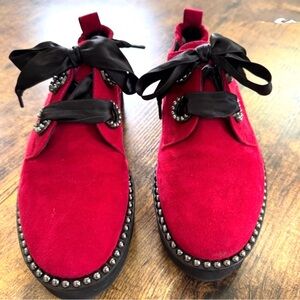 Kennel & Schmenger Red Velvet Studded Oxford Shoes Ribbon sz8.5 Holiday festive